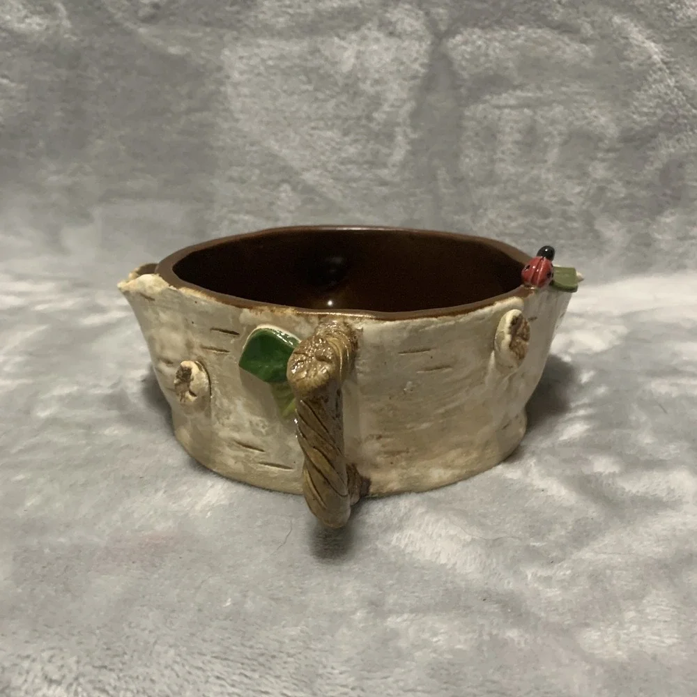 Unique Birch Bark Tree Stump Ceramic Vase Planter‎ Mug Ladybug Handle Decorative